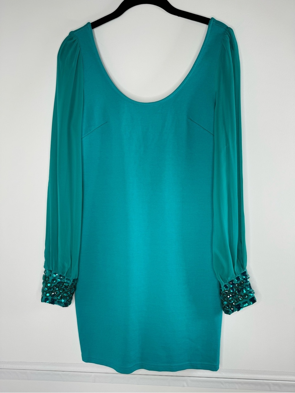 Moon Collection Embellished Cuff Long Sleeve Sheath Dress Teal Size Medium